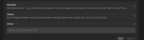 Cropped HQ role picker displaying Member, Admin, and Other choices for a new teammate.