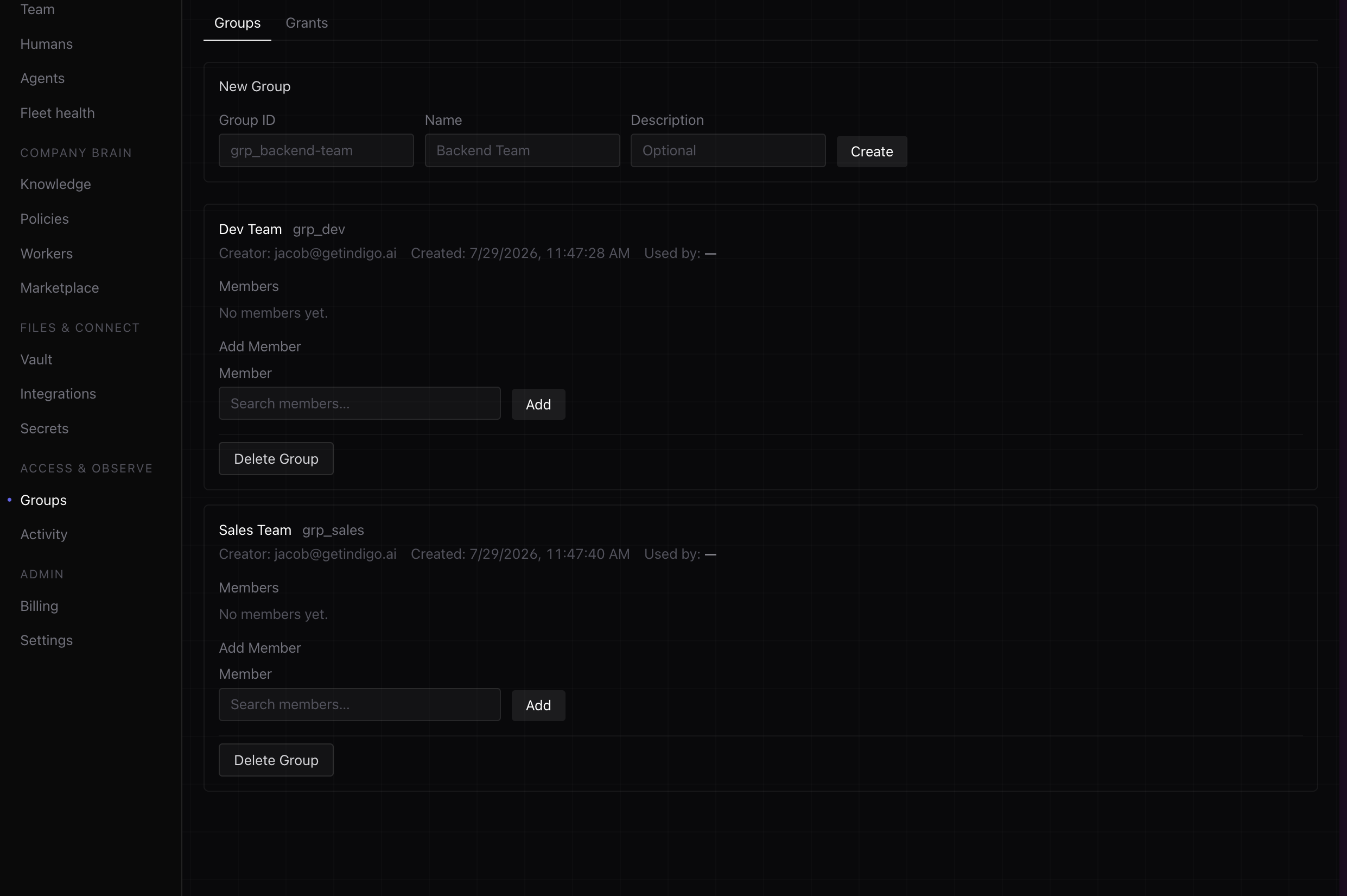 HQ Console showing company access groups and membership controls.