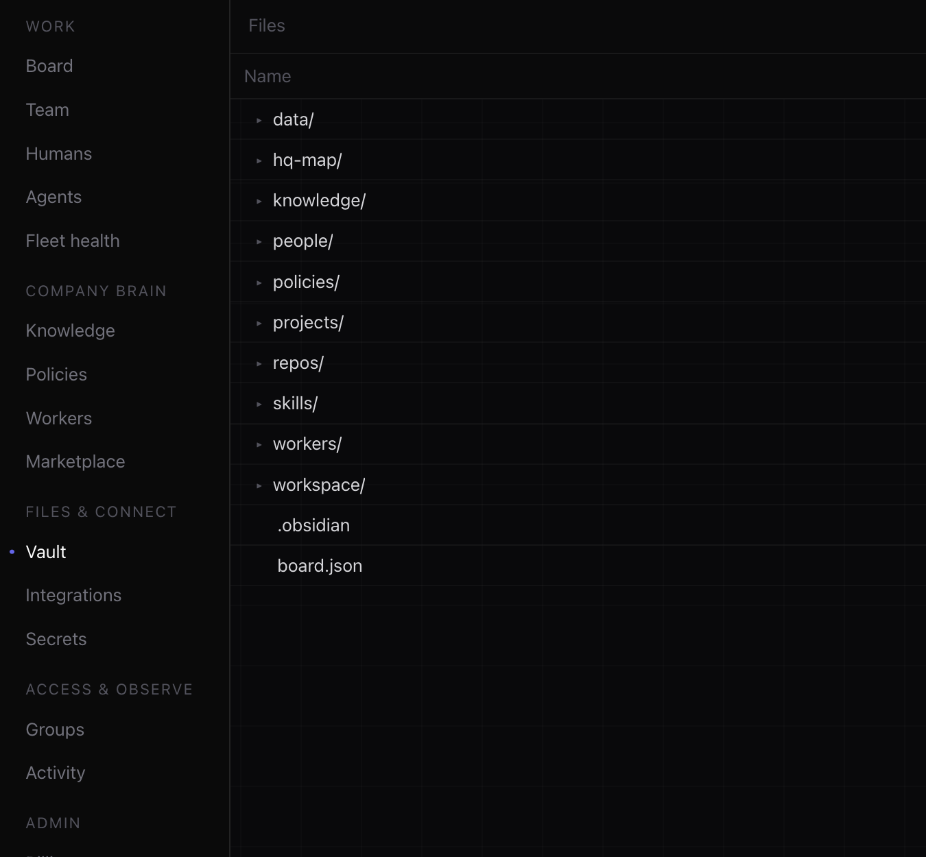 HQ Core showing Knowledge, Skills, Projects, Workers, and Policies.