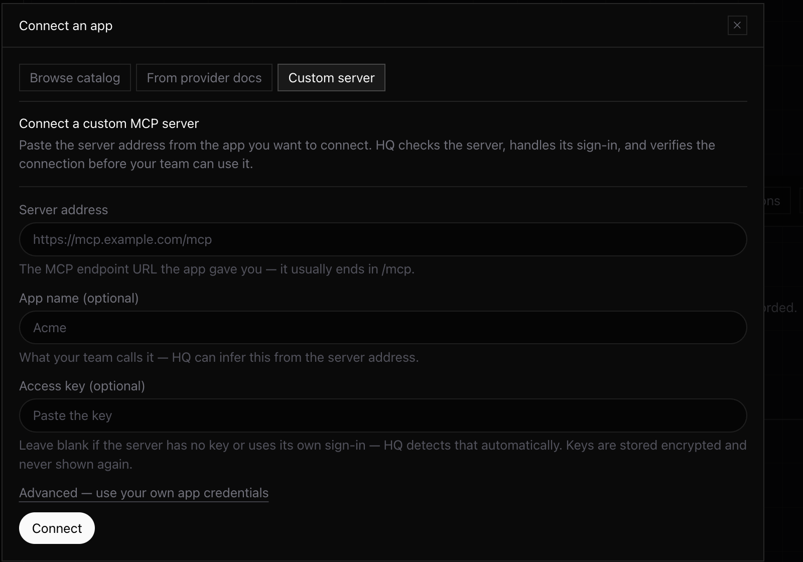 An HQ integration shared with teammates and Agents.